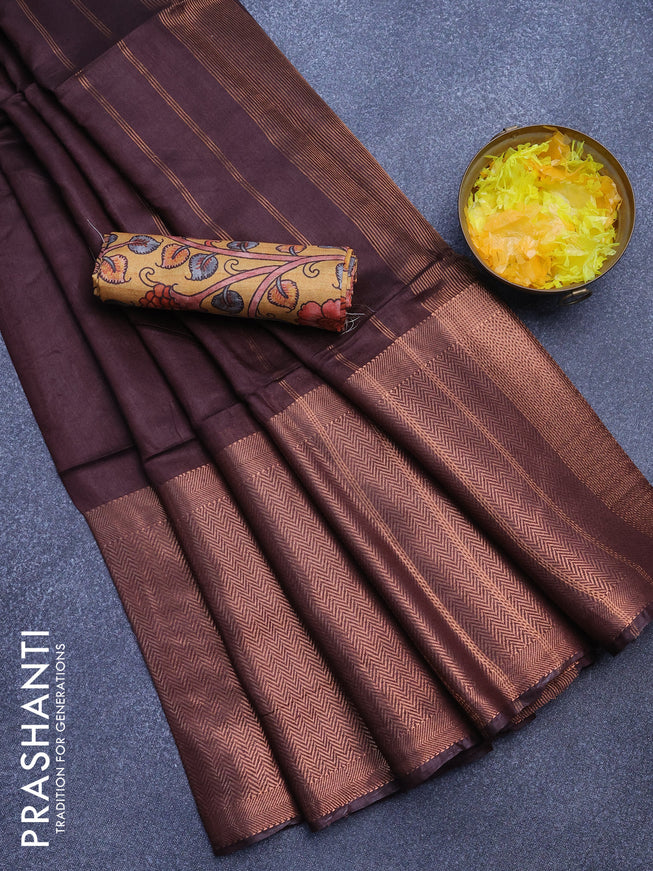 Semi tussar saree deep maroon and mustard yellow with plain body and long copper zari woven border & kalamkari printed blouse