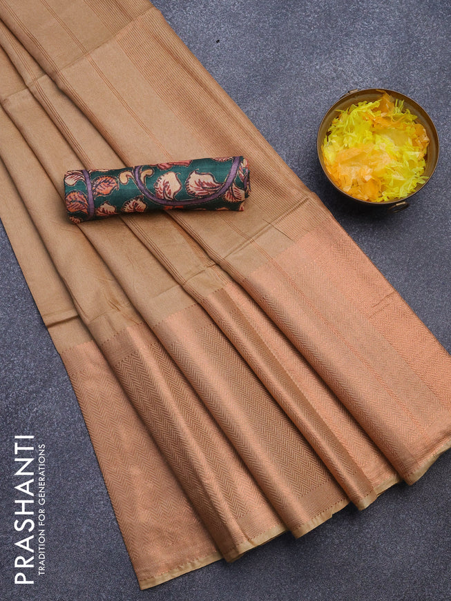 Semi tussar saree sandal and green with plain body and long copper zari woven border & kalamkari printed blouse