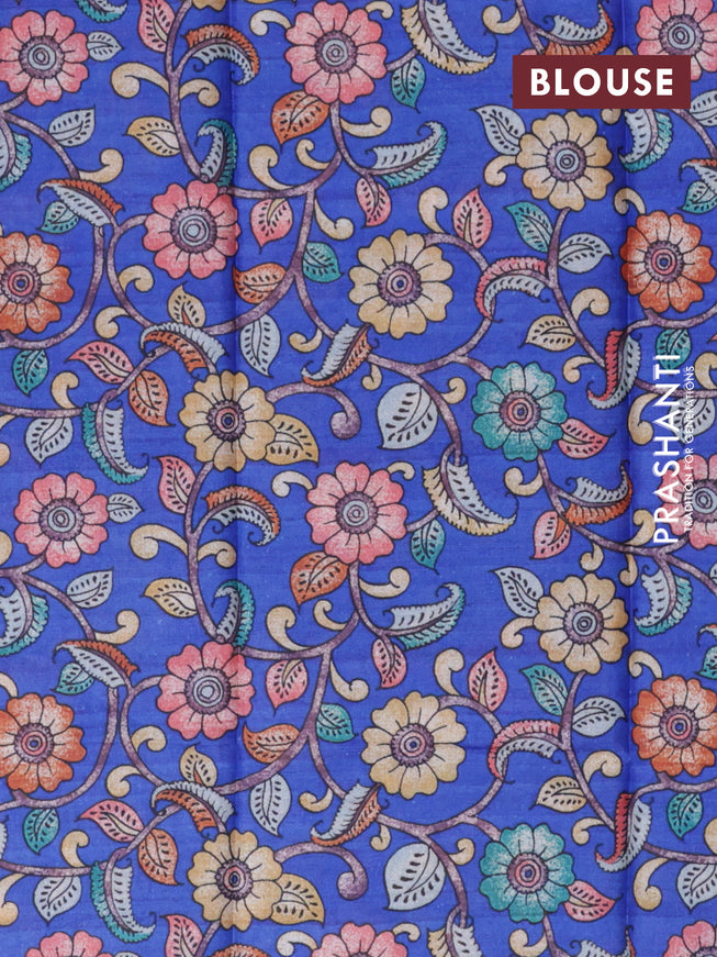 Semi tussar saree pink and royal blue with plain body and long silver zari woven border & kalamkari printed blouse