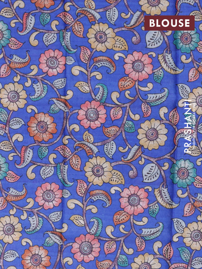 Semi tussar saree pink and royal blue with plain body and long silver zari woven border & kalamkari printed blouse