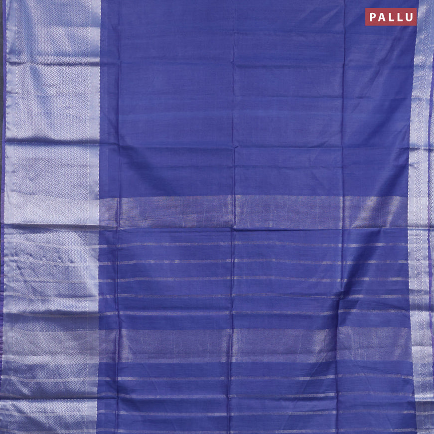 Semi tussar saree blue and mustard yellow with plain body and long silver zari woven border & kalamkari printed blouse