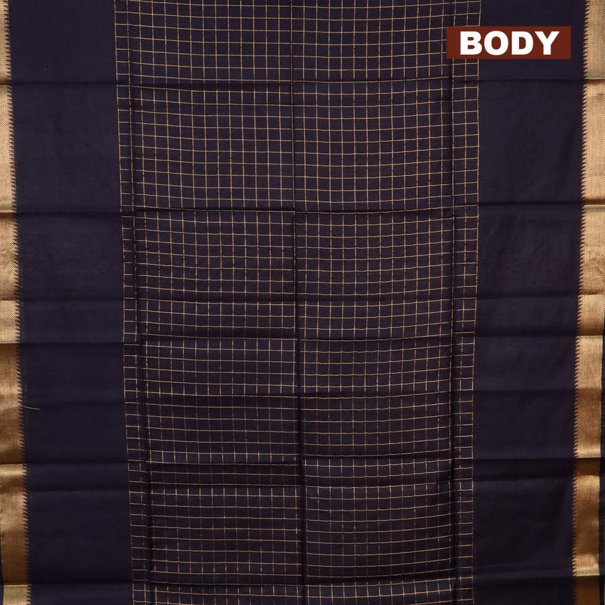 Semi tussar saree dark navy blue and mustard yellow with allover zari checked pattern and zari woven border & kalamkari printed blouse