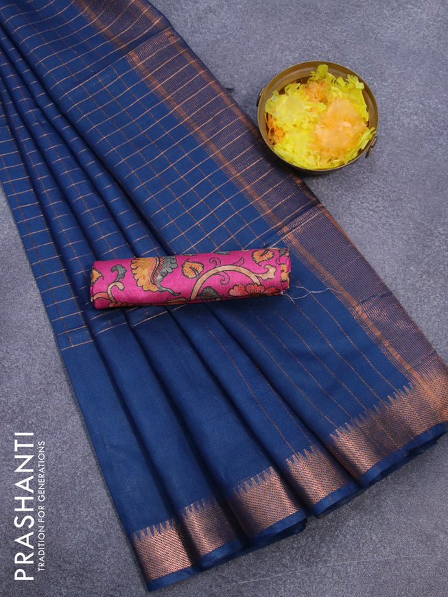 Semi tussar saree peacock blue and pink with allover copper zari checked pattern and copper zari woven border & kalamkari printed blouse