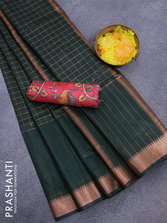Semi tussar saree bottle green and pink shade with allover copper zari checked pattern and copper zari woven border & kalamkari printed blouse