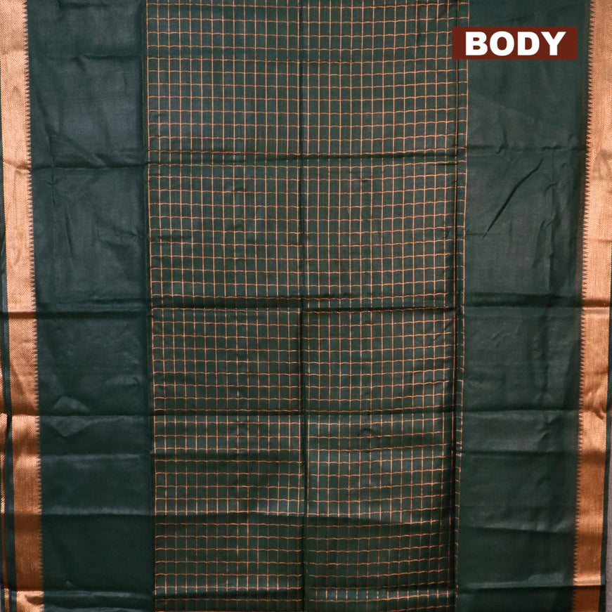 Semi tussar saree bottle green and pink shade with allover copper zari checked pattern and copper zari woven border & kalamkari printed blouse