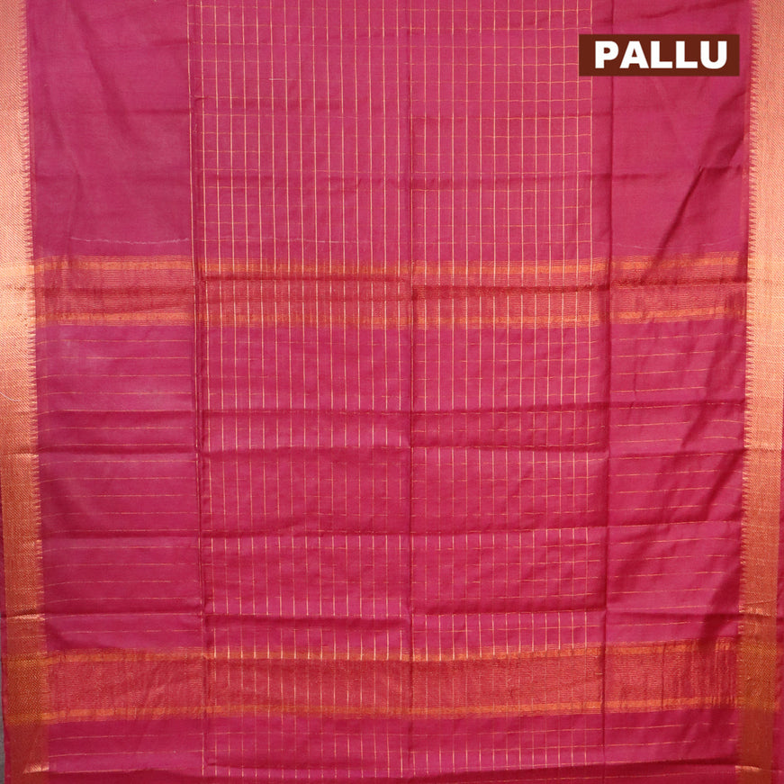 Semi tussar saree dark magenta and teal blue with allover copper zari checked pattern and copper zari woven border & kalamkari printed blouse