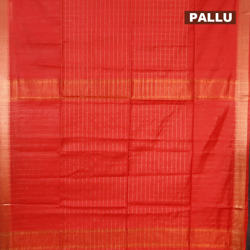 Semi tussar saree red and dark green with allover copper zari checked pattern and copper zari woven border & kalamkari printed blouse