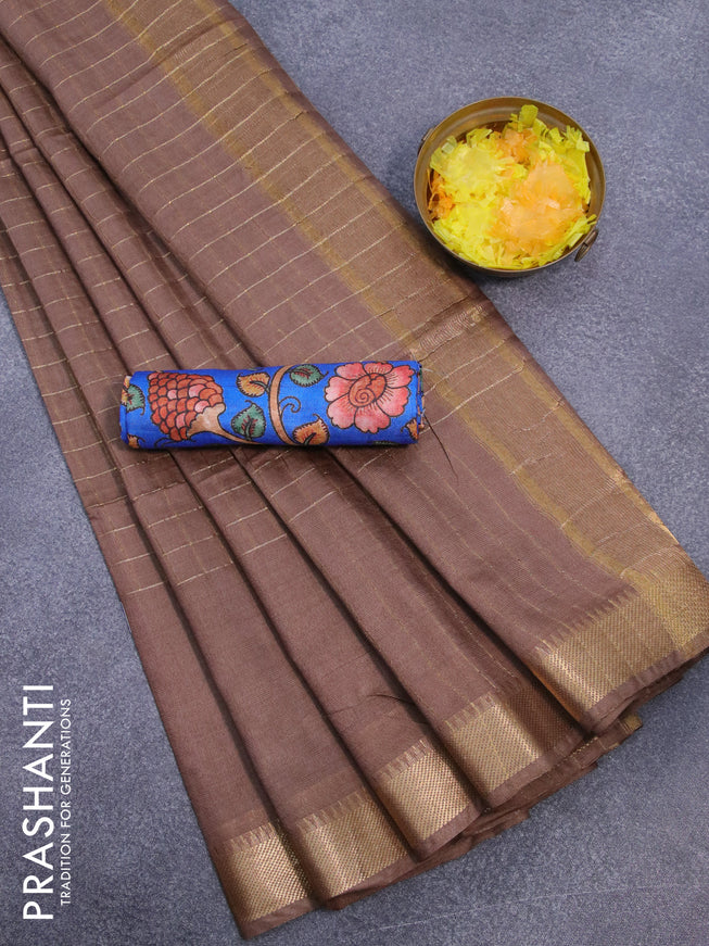 Semi tussar saree pastel brown and blue with allover zari checked pattern and zari woven border & kalamkari printed blouse