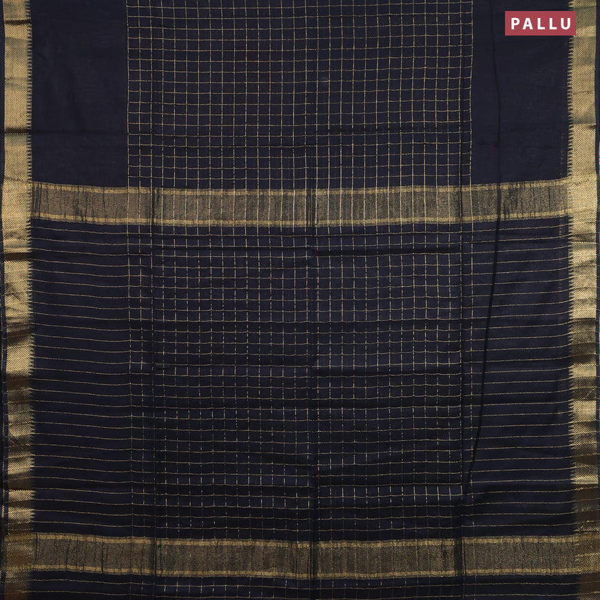 Semi tussar saree black and mustard yellow with allover zari checked pattern and zari woven border & kalamkari printed blouse