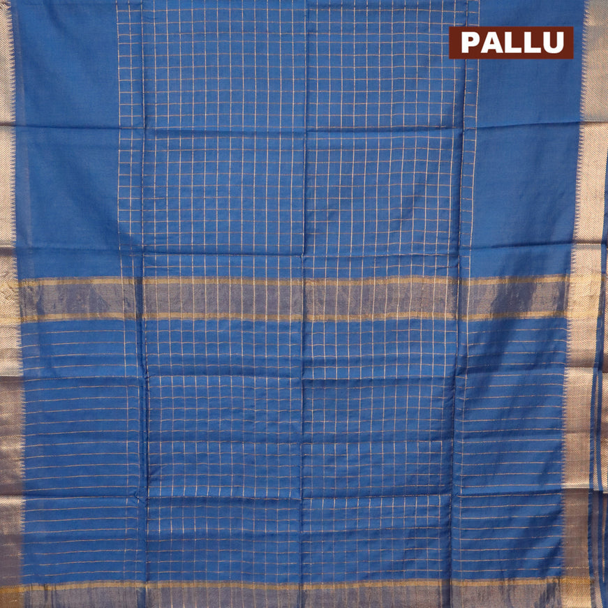 Semi tussar saree blue and pink with allover zari checked pattern and zari woven border & kalamkari printed blouse