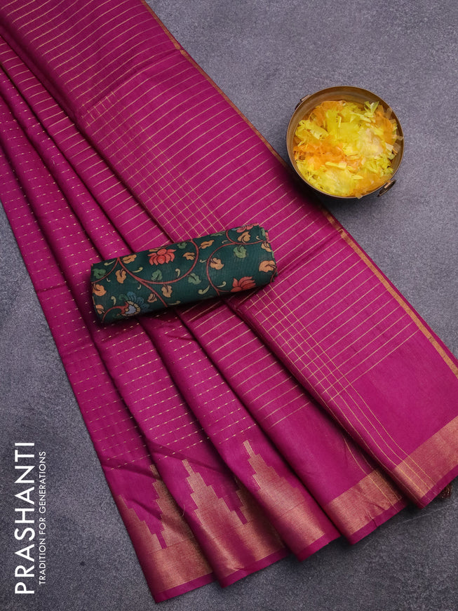 Semi tussar saree purple and dark green with allover zari stripe pattern and temple design zari woven border & kalamkari printed blouse