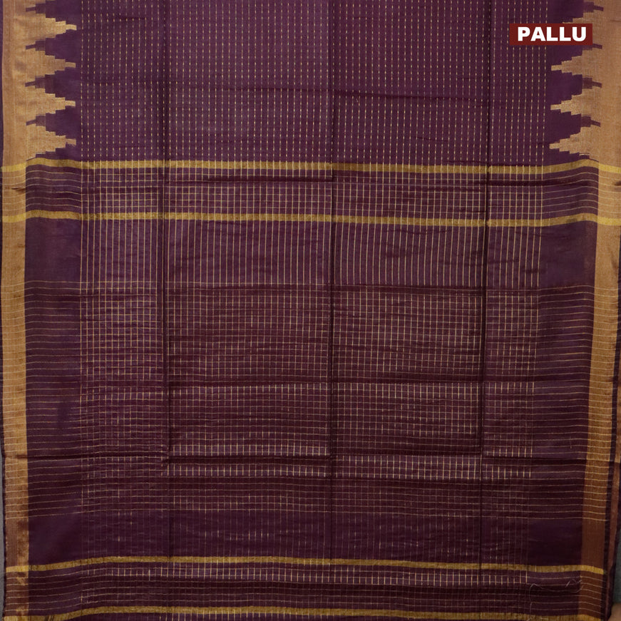 Semi tussar saree wine shade and teal blue with allover zari stripe pattern and temple design zari woven border & kalamkari printed blouse