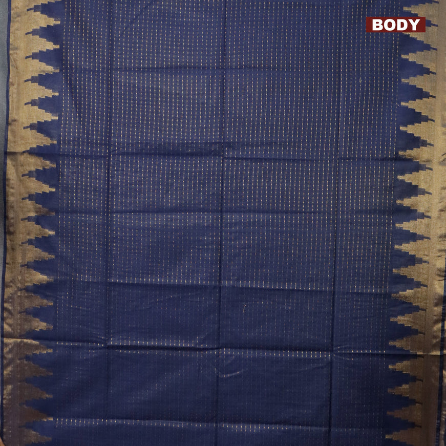 Semi tussar saree navy blue and teal blue with allover zari stripe pattern and temple design zari woven border & kalamkari printed blouse