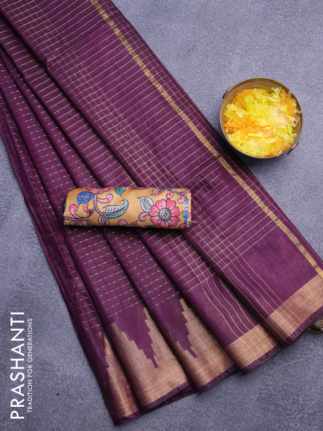 Semi tussar saree wine shade and mustard yellow with allover zari stripe pattern and temple design zari woven border & kalamkari printed blouse