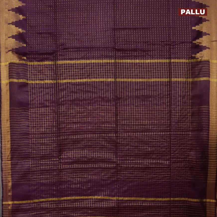 Semi tussar saree wine shade and mustard yellow with allover zari stripe pattern and temple design zari woven border & kalamkari printed blouse