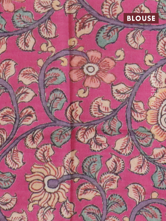 Semi tussar saree dark green and pink with allover zari stripe pattern and temple design zari woven border & kalamkari printed blouse