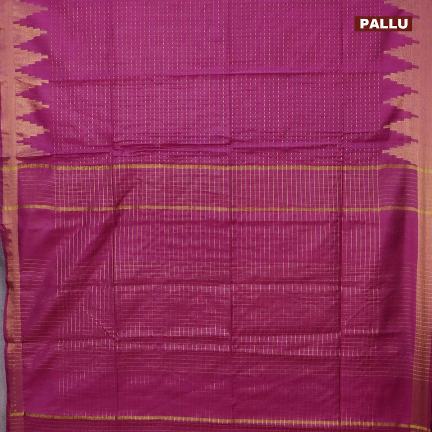 Semi tussar saree purple and blue with allover zari stripe pattern and temple design zari woven border & kalamkari printed blouse