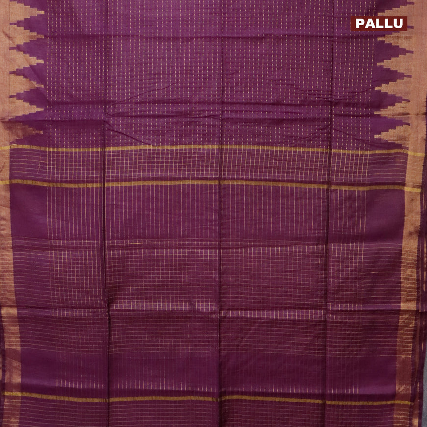 Semi tussar saree dark purple and mustard yellow with allover zari stripe pattern and temple design zari woven border & kalamkari printed blouse
