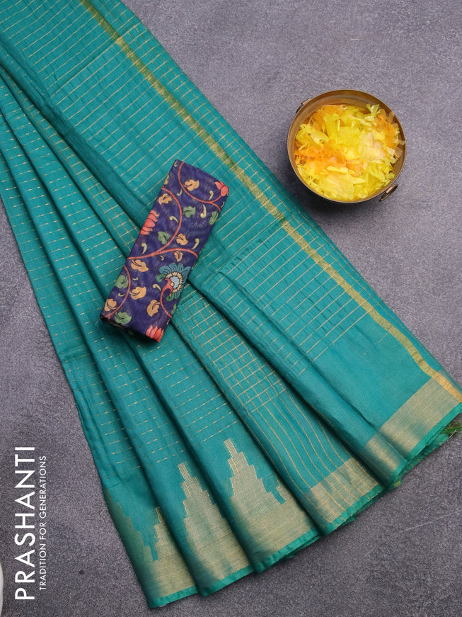 Semi tussar saree teal blue and navy blue with allover zari stripe pattern and temple design zari woven border & kalamkari printed blouse