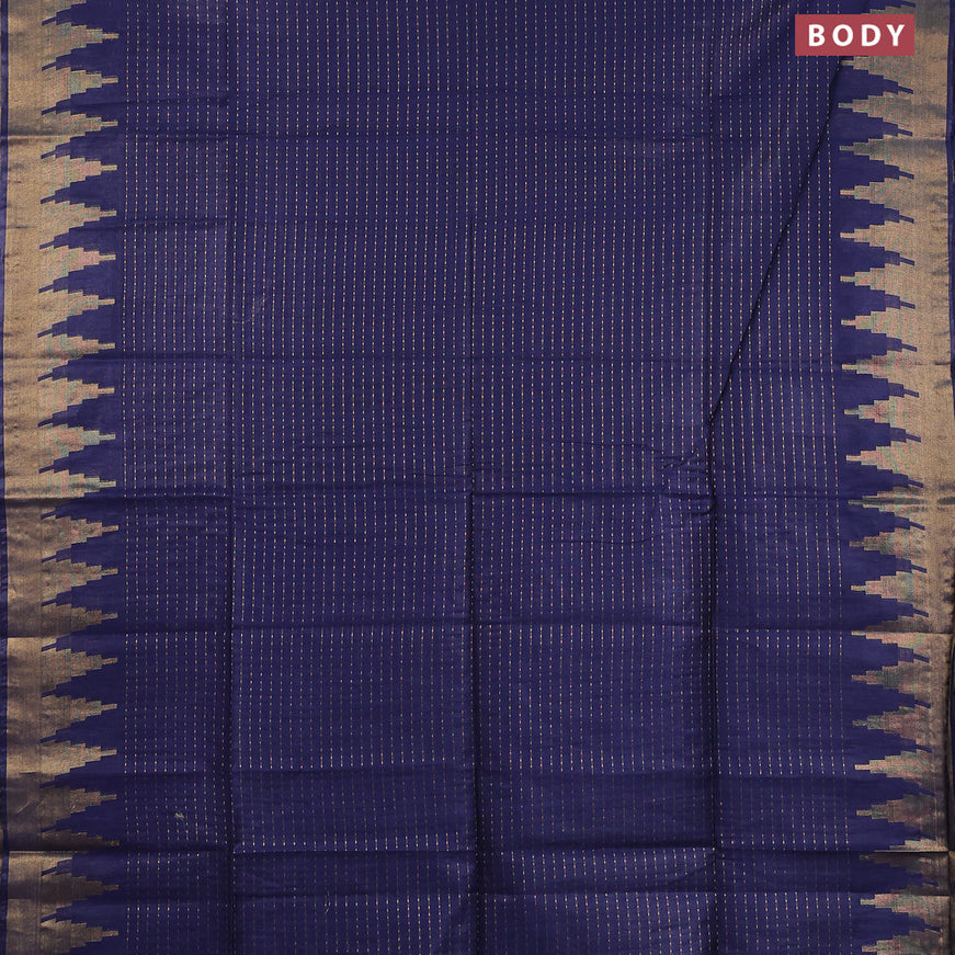 Semi tussar saree navy blue and pink with allover zari stripe pattern and temple design zari woven border & kalamkari printed blouse
