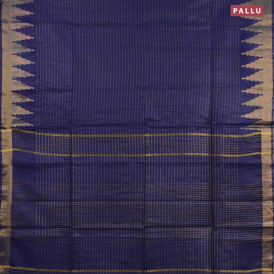 Semi tussar saree navy blue and pink with allover zari stripe pattern and temple design zari woven border & kalamkari printed blouse