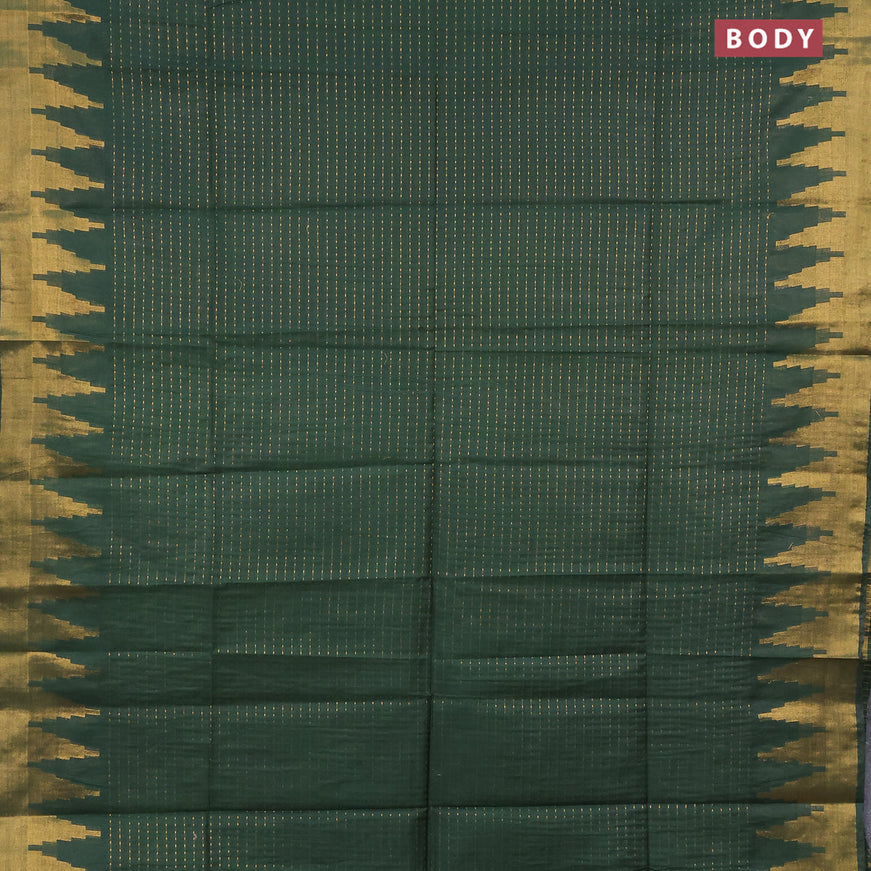 Semi tussar saree dark green and red with allover zari stripe pattern and temple design zari woven border & kalamkari printed blouse