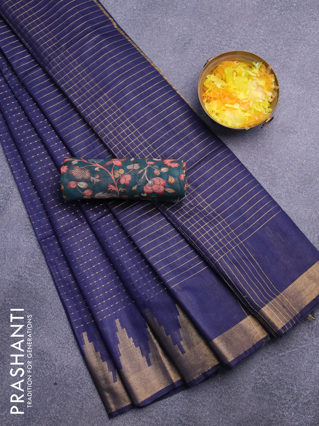 Semi tussar saree navy blue and dark green with allover zari stripe pattern and temple design zari woven border & kalamkari printed blouse