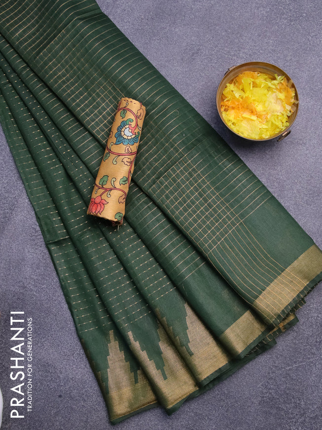 Semi tussar saree dark green and mustard yellow with allover zari stripe pattern and temple design zari woven border & kalamkari printed blouse