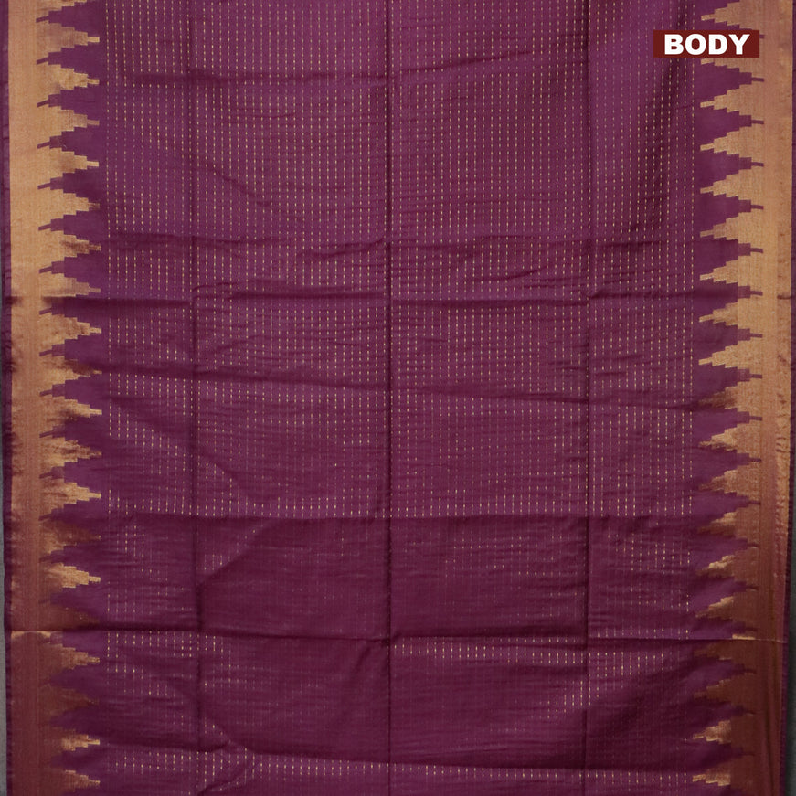 Semi tussar saree dark purple and dark green with allover zari stripe pattern and temple design zari woven border & kalamkari printed blouse