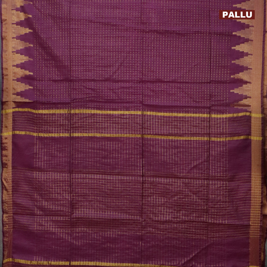 Semi tussar saree dark purple and dark green with allover zari stripe pattern and temple design zari woven border & kalamkari printed blouse
