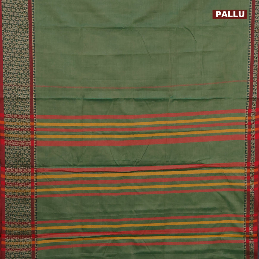 Narayanpet cotton saree green shade and red with plain body and thread woven border