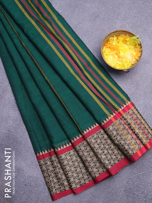 Narayanpet cotton saree green and maroon with plain body and thread woven border