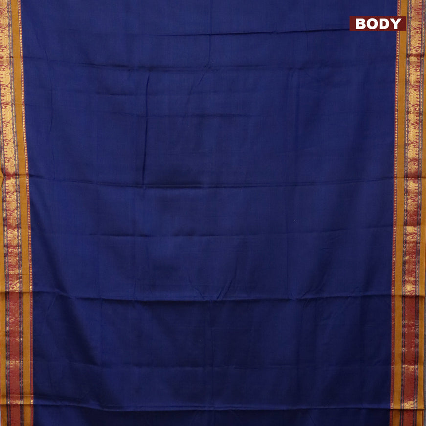 Narayanpet cotton saree blue and mustard yellow with plain body and elephant design zari woven border