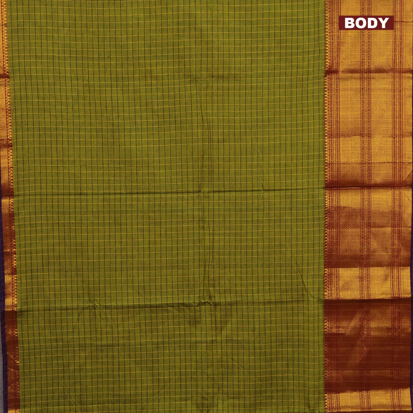 Narayanpet cotton saree light green and violet with allover checked pattern and long zari woven border