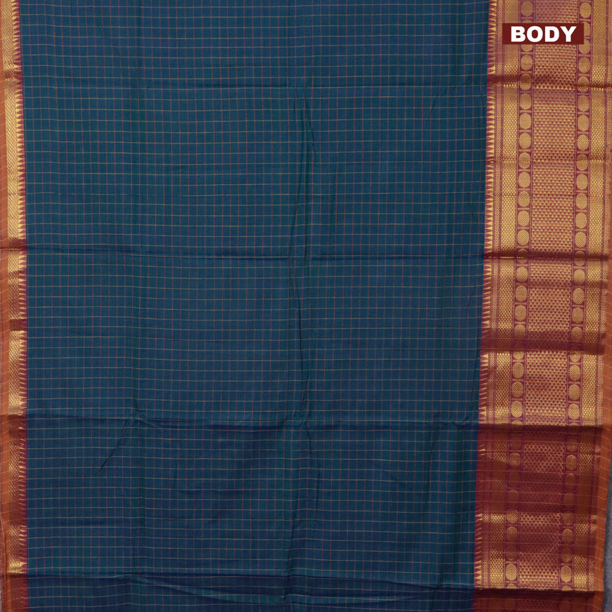 Narayanpet cotton saree green and rust shade with allover checked pattern and long zari woven border