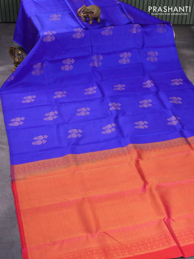 Pure kanjivaram silk saree royal blue and dual shade of pinkish orange with peacock zari woven buttas in borderless style