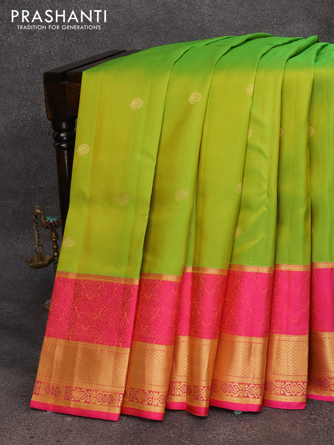 Pure kanjivaram silk saree light green and pink with zari woven buttas and rettapet zari woven border