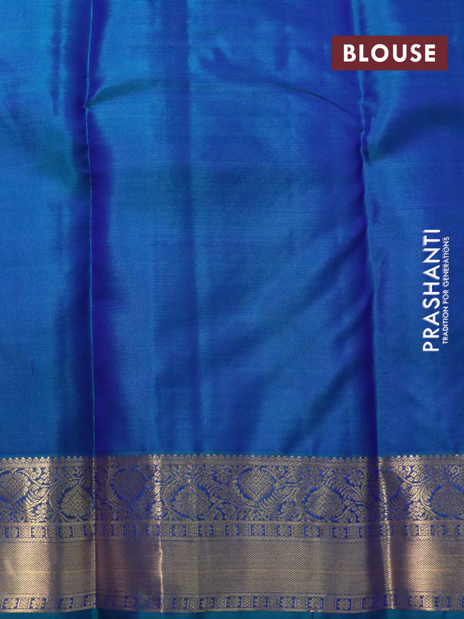 Pure kanjivaram silk saree blue and dual shade of teal green with allover self emboss & buttas and zari woven border