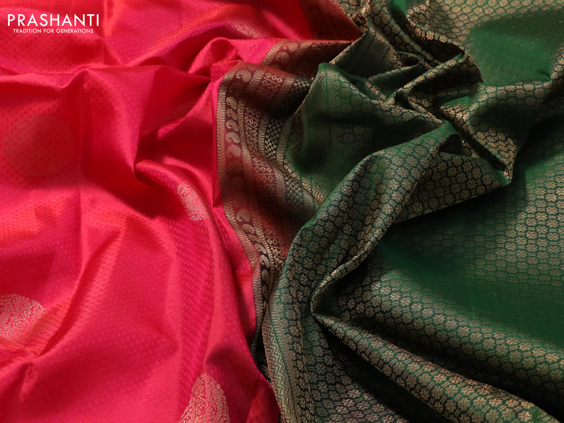 Pure kanjivaram silk saree dual shade of pink and green with allover self emboss & buttas and zari woven border