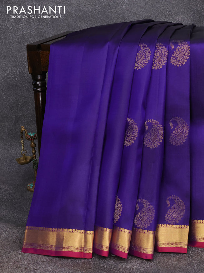 Pure kanjivaram silk saree blue and red with paisley zari woven buttas and zari woven border