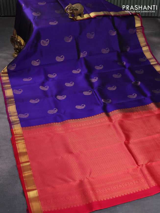 Pure kanjivaram silk saree blue and red with paisley zari woven buttas and zari woven border