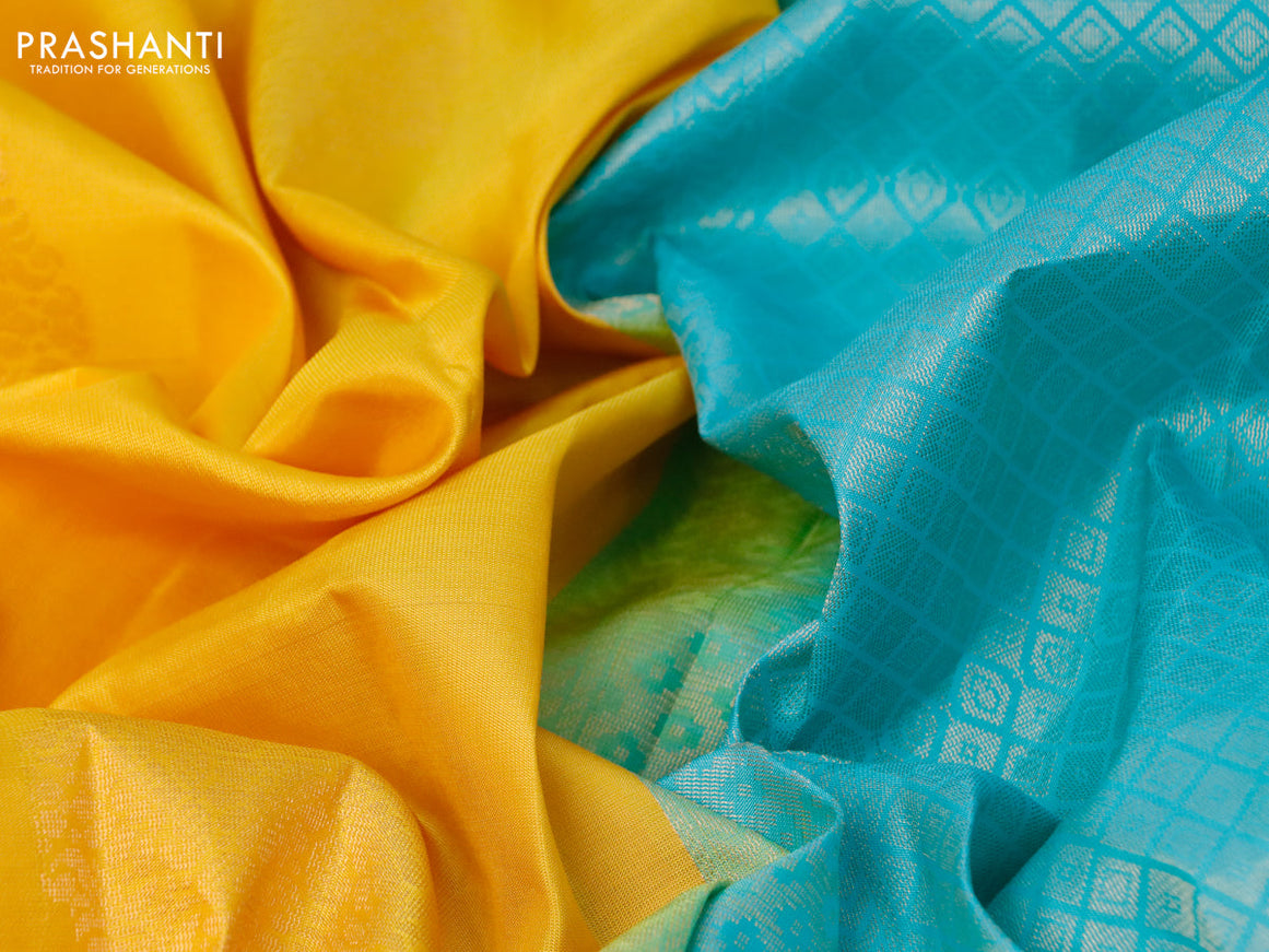 Pure kanjivaram silk saree yellow and teal blue with zari woven buttas in borderless style