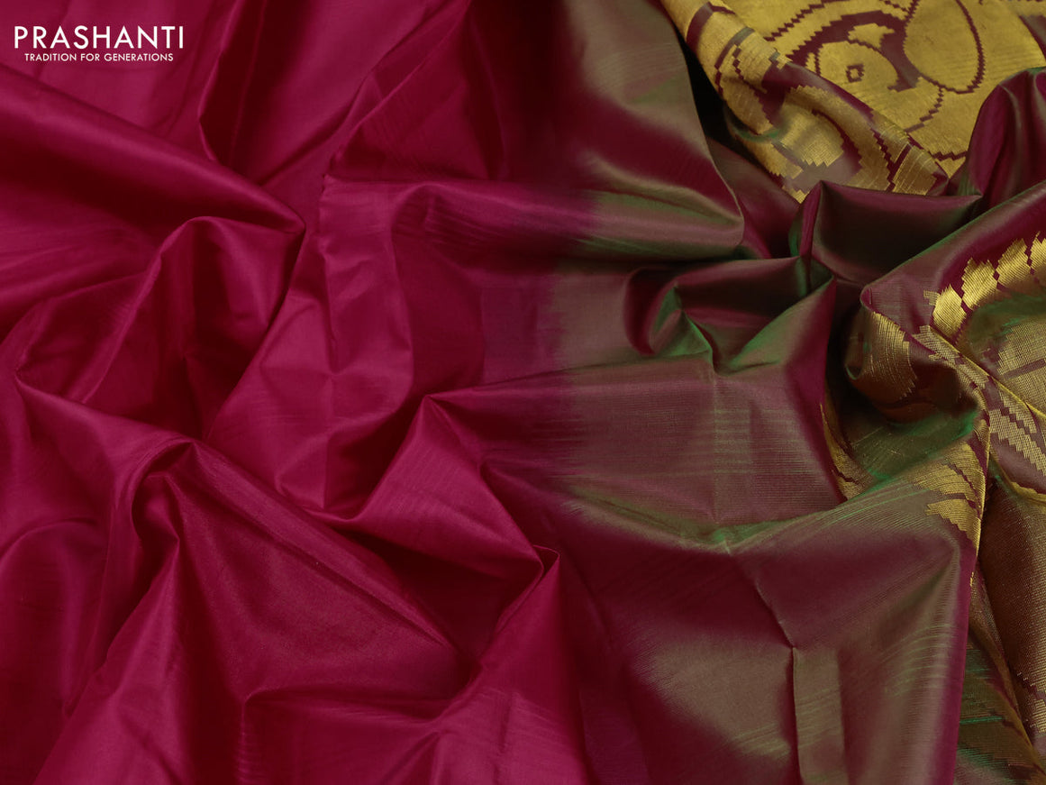 Pure kanjivaram silk saree pink and dual shade of green with plain body and zari woven paisley butta border