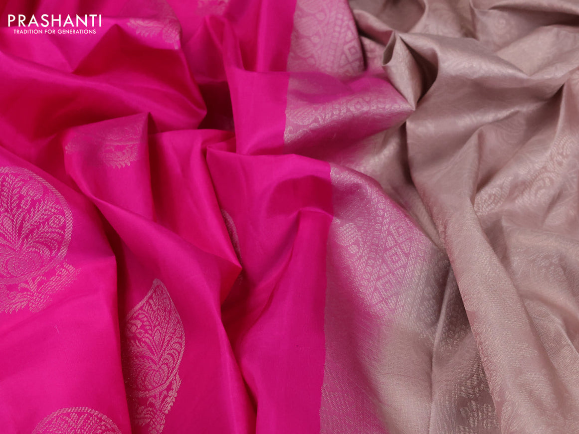 Pure kanjivaram silk saree pink and beige with zari woven buttas in borderless style