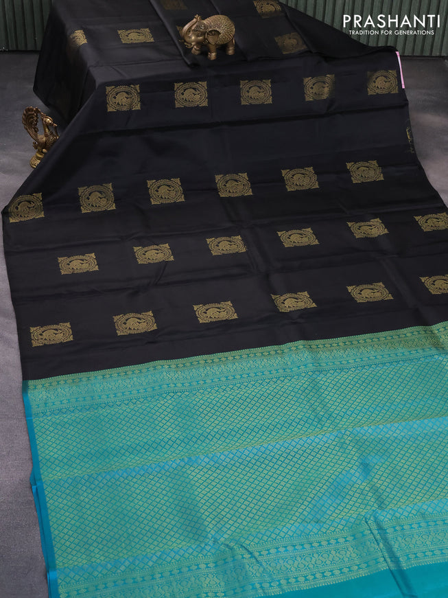 Pure kanjivaram silk saree black and teal blue with zari woven buttas in borderless style