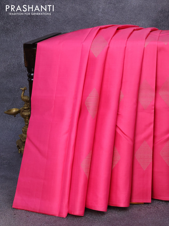 Pure kanjivaram silk saree pink and mustard yellow with zari woven geometric buttas in borderless style