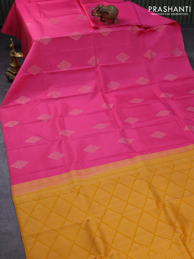 Pure kanjivaram silk saree pink and mustard yellow with zari woven geometric buttas in borderless style