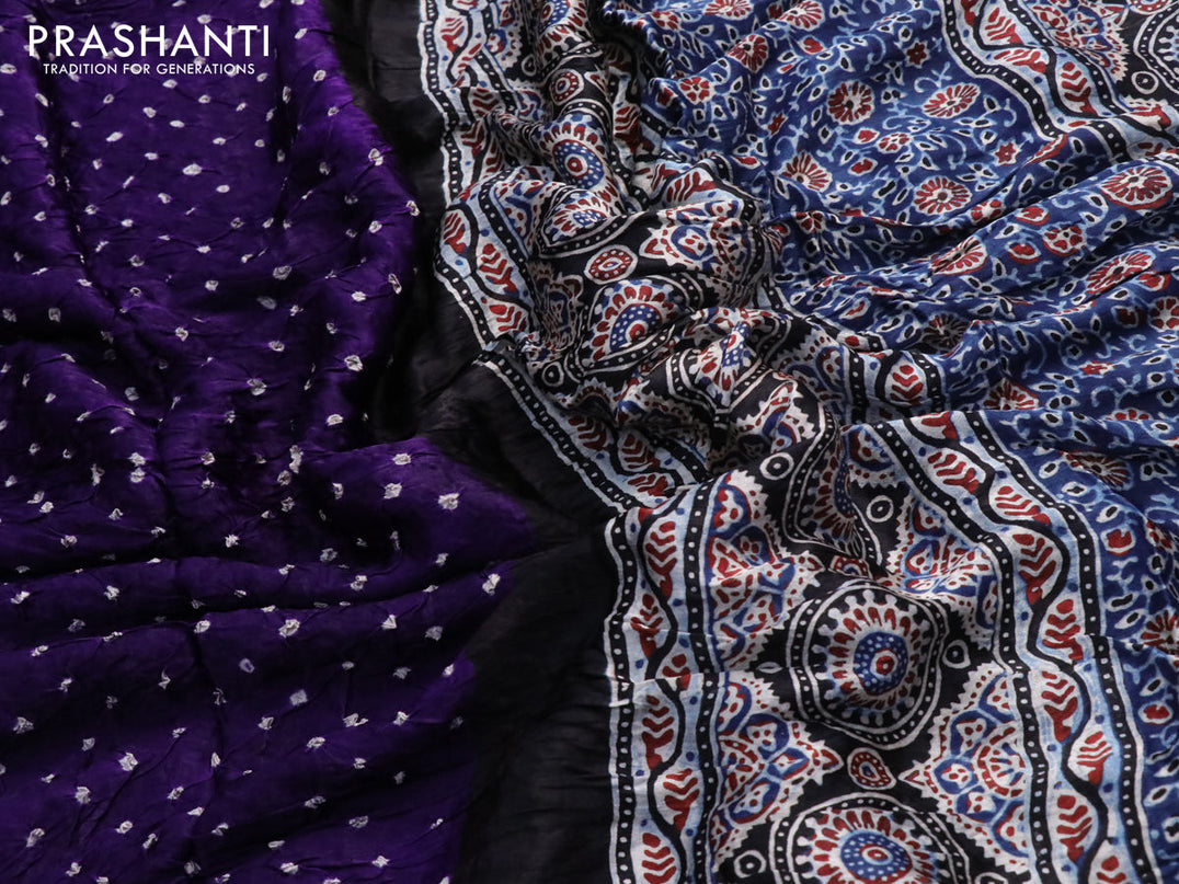 Modal silk saree violet and blue with allover bandhani prints and ajrakh printed pallu