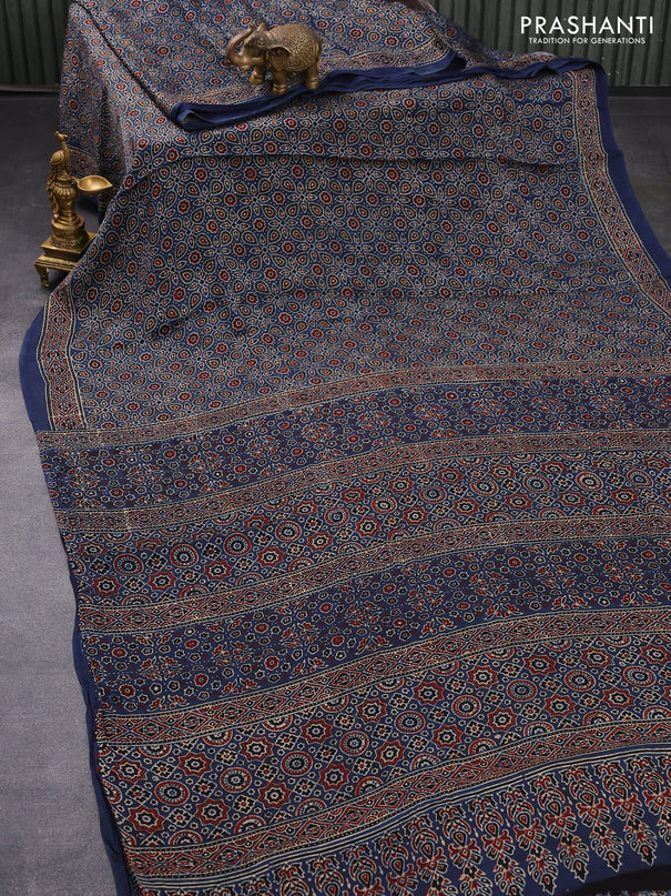 Modal silk saree blue with allover ajrakh prints and printed border