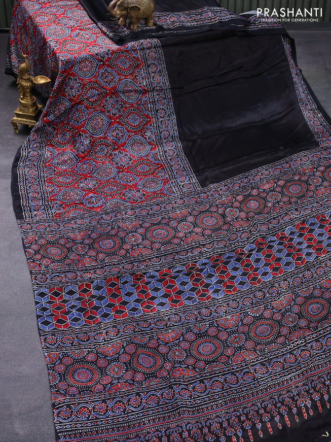 Modal silk saree elephant grey with half & half style and ajrakh printed pallu